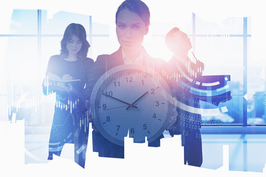 Woman with clock and her team in office