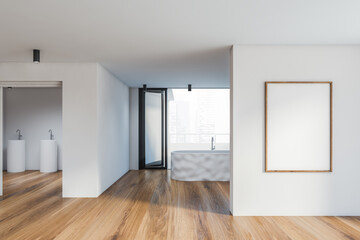 White master bathroom with poster