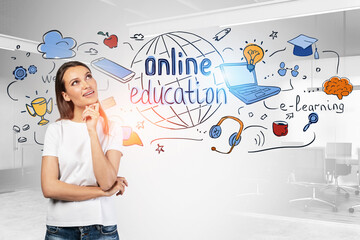 Smiling woman thinking about online education