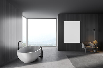 Grey and wooden bathroom with tub and poster