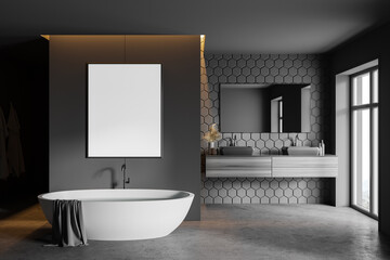 Obraz na płótnie Canvas Grey honeycomb tile bathroom, tub, sink and poster