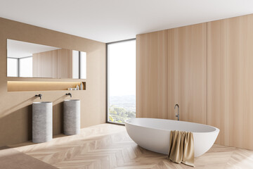 Fototapeta na wymiar Wooden master bathroom corner with tub and sink