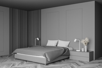 Grey and wooden master bedroom corner