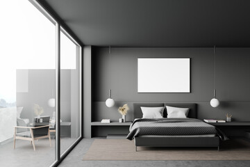 Grey bedroom interior with balcony and poster