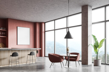 Pink cafe corner with bar and poster