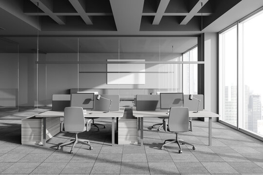 Panoramic grey open space office with meeting room