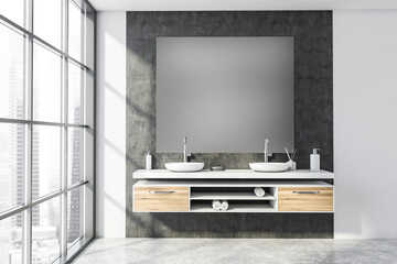 Panoramic white and grey bathroom with sink