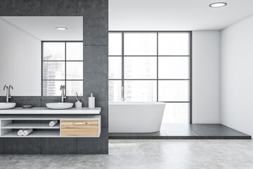 Fototapeta na wymiar Panoramic white and grey bathroom interior