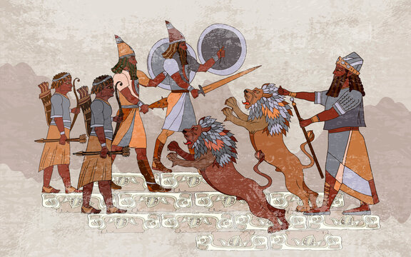 Sumerian civilization banner. King, lion and warrior. Akkadian Empire. Hunting scene. Middle East history. Ancient culture art. Mesopotamia. Gilgamesh legends
