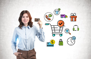 Happy woman with credit card, online shopping