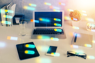 Multi exposure of table with computer on background and data theme drawing. Concept of innovation.