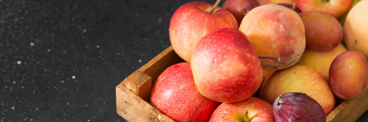 Various fruits in a wooden box on the black kitchen table. Apples, plums and peaches in a brown wooden box. Banner with space for text
