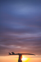 Backlit of a surfer holding his surfboard over his head during a stunning sunset in Ecuador