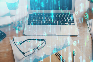 Multi exposure of desktop with computer on background and tech theme drawing. Concept of big data.