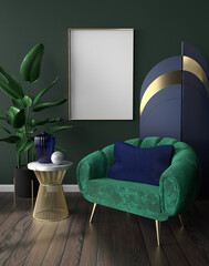 Interior mockup with velvet art deco armchair, golden folding screen and side table, blank frame on dark green wall