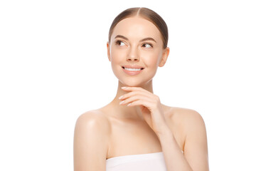 Beauty woman with hand near face looking away, isolated on white background. Skincare or cosmetic...