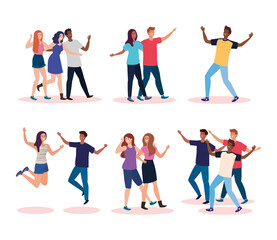Obraz premium happy characters, group young people, friendship excitement, cheerful laughing from happiness vector illustration design