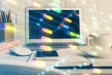 Double exposure of desktop with personal computer on background and tech theme drawing. Concept of Bigdata.