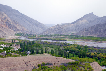 Naklejka premium Avar Koysu river valley and Khebda village. Dagestan, North Caucasus, Russia.