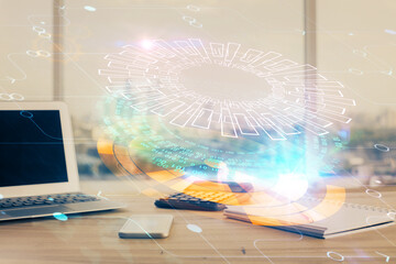 Double exposure of desktop computer and technology theme hologram. Concept of software development.