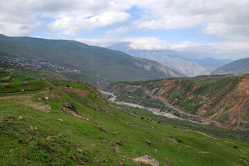 Fototapeta na wymiar Mountainous landscape. View at Usukhchay river and Mikrakh village. Dagestan, North Caucasus, Russia.