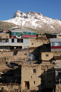 Kurush village (the southernmost point of Russia and the highest mountain settlement in Europe, 2560 m) and Shalbuzdag mountain (sacral peak of Dagestan people). Dagestan, North Caucasus, Russia.