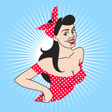 pin-up girl in a red dress and a white polka dots scarf on blue background. portrait young brunette with deep neckline, red lipstick in retro style.