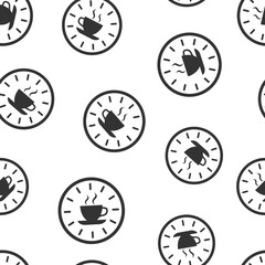 Coffee break icon in flat style. Clock with tea cup vector illustration on white isolated background. Breakfast time seamless pattern business concept.