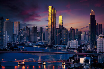 Fototapeta na wymiar amazing view of sunset skyline with bangkok cityscape belong chaopraya river