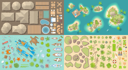 Vector set. Summer vacation. Tropical islands. (top view) Diving set. (view from above)