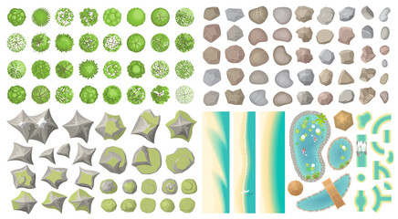 Set of landscape elements. (Top view) Mountains, hills, rocks, stones, trees, plants, beach, pond, river. (View from above) 