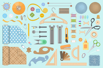 Vector set. Tailor's tools. Sewing accessories. Top view. Clothing designer tools. (view from above)