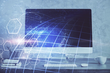 Multi exposure of table with computer and world map hologram. International data network concept.