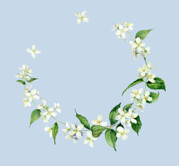 Jasmine watercolor wreath.For greetings, invitations, weddings, anniversaries and birthday
