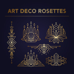 Vintage set of 1920s decorations. Art Deco rosette ornaments known as palm or palmette. Perfect for headers, arcs, frames a-la Roaring 20s. Retro linear design elements, isolated vector templates