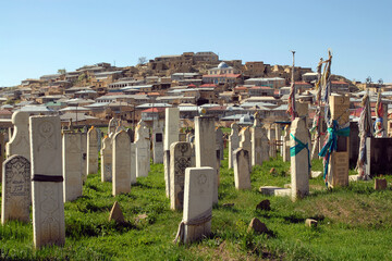 View at Balkhar village and its cemetery. Balkhar village, Dagestan, North Caucasus, Russia.