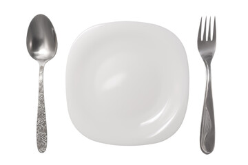 Empty white plate, spoon and fork on a white background. Isolated image