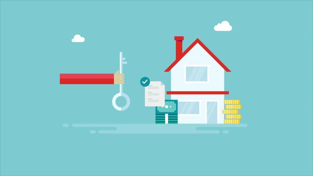 Home loan approval, loan for real estate, property loan, real estate agent holding house key, financial investment, money and cash concept. 2d animation, 4k video clip.