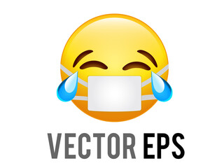 vector yellow face laugh, blue crying tear emoji icon with coronavirus mask