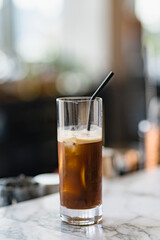 Close up of Iced coffee on the bar top