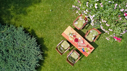 Decorated table with cheese, strawberry and fruits in beautiful summer rose garden, aerial top view of table food and drinks setting outdoors from above. Leisure,  and picnic with family and friends