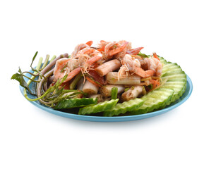 Papaya salad in a plate on a table.