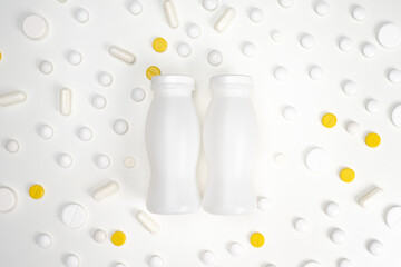 Probiotic. White and yellow background about useful microorganisms. Prevention of dysbacteriosis. Prebiotics in food and medicines.