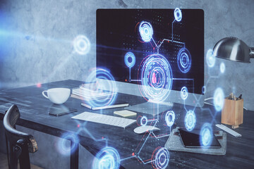 Technology theme drawing and table with computer. Double exposure. Concept of information.