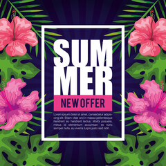summer new offer, banner with flowers and tropical leaves, exotic floral banner vector illustration design