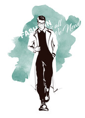 Stylish handsome man in fashion clothes. Fashion man. Hand drawn male model. Sketch. Vector illustration.