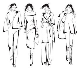 Beautiful young women in modern style.. Hand drawn stylish woman portrait. Fashion lady. Festive outfit. Sketch. Fashion model posing in dress. Hand drawn fashion woman.