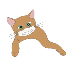 Cute ginger cat with a respiratory mask on his face. The concept of protection against respiratory diseases, allergies. Coronavirus protection. Cartoon vector illustration on a white background.
