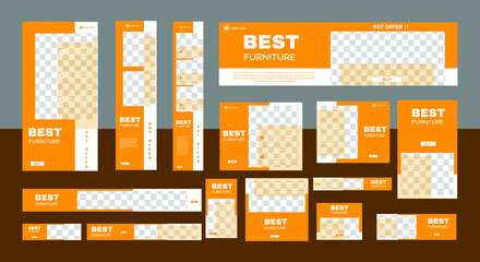 set of furniture web banners of standard size with a place for photos. Business ad banner. Vertical, horizontal and square template. vector illustration EPS 10