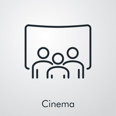 Fototapeta premium Icono plano lineal con palabra cinema con pantalla y audiencia sentada en fondo gris